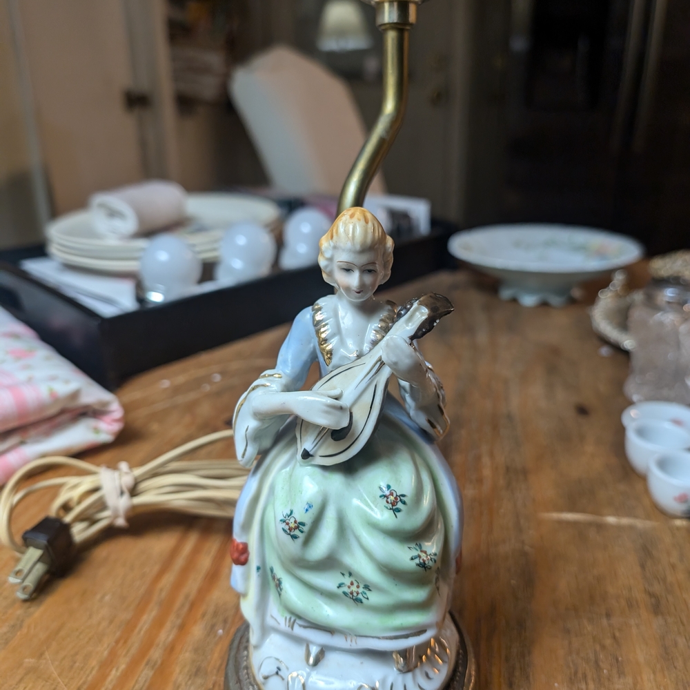 Porcelain Figurine Table Lamp with Blue and Green Dress Vintage Lamp